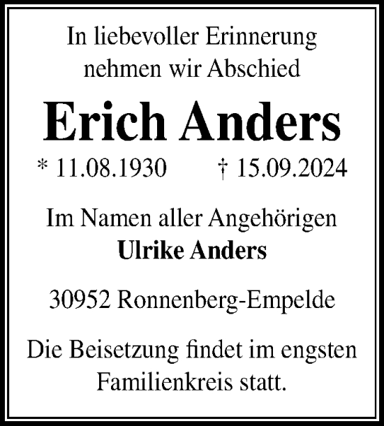 Traueranzeige von Erich Anders von Hannoversche Allgemeine Zeitung/Neue Presse