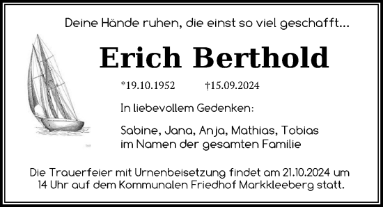 Traueranzeige von Erich Berthold von Leipziger Volkszeitung