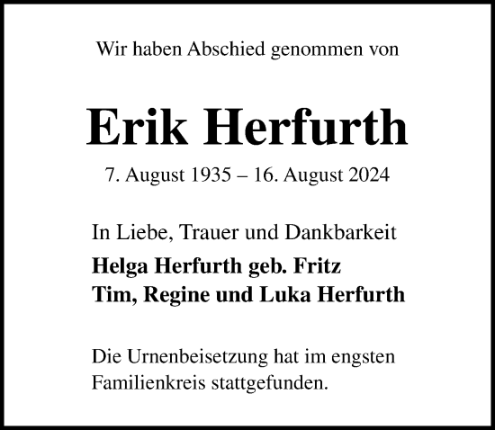 Traueranzeige von Erik Herfurth von Lübecker Nachrichten