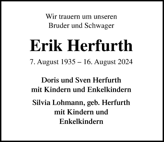 Traueranzeige von Erik Herfurth von Lübecker Nachrichten