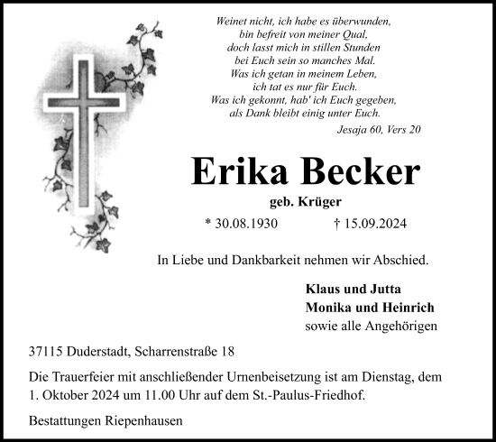 Traueranzeige von Erika Becker von Eichsfelder Tageblatt