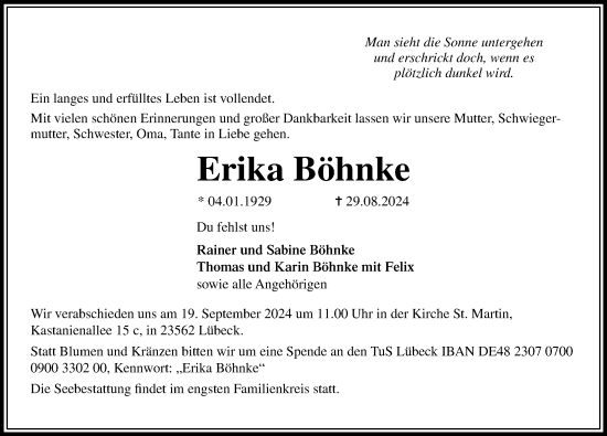 Traueranzeige von Erika Böhnke von Lübecker Nachrichten