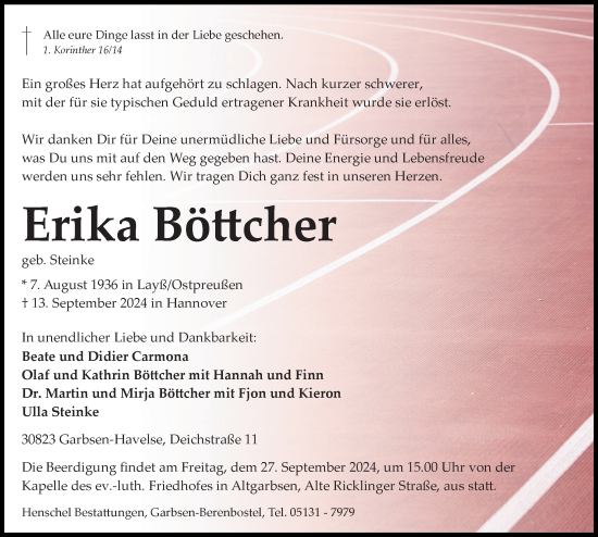 Traueranzeige von Erika Böttcher von Hannoversche Allgemeine Zeitung/Neue Presse