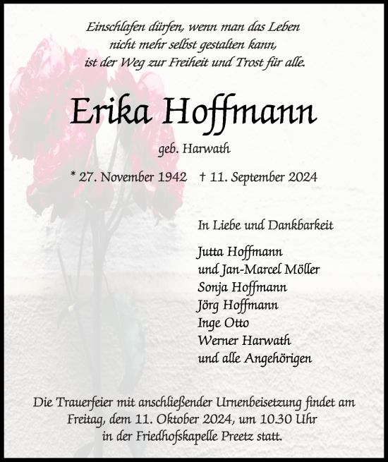 Traueranzeige von Erika Hoffmann von Kieler Nachrichten