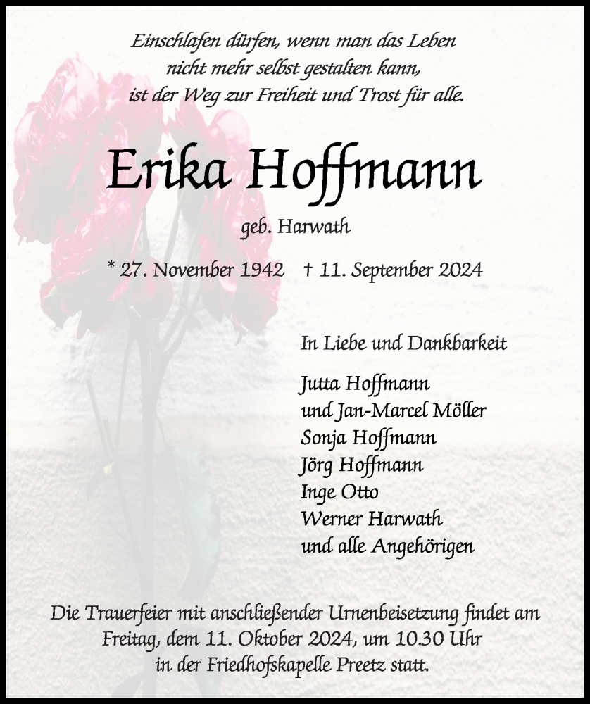  Traueranzeige für Erika Hoffmann vom 28.09.2024 aus Kieler Nachrichten