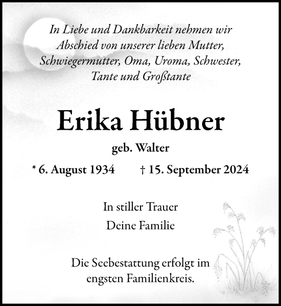 Traueranzeige von Erika Hübner von Ostsee-Zeitung GmbH