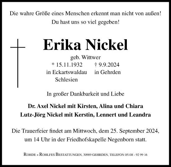 Traueranzeige von Erika Nickel von Hannoversche Allgemeine Zeitung/Neue Presse