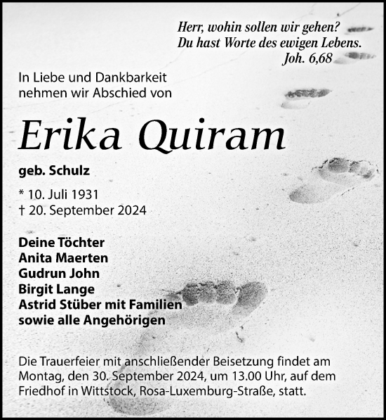 Traueranzeige von Erika Quiram von Wochenspiegel