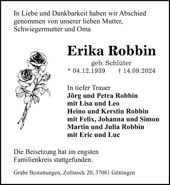 Traueranzeige von Erika Robbin von Göttinger Tageblatt