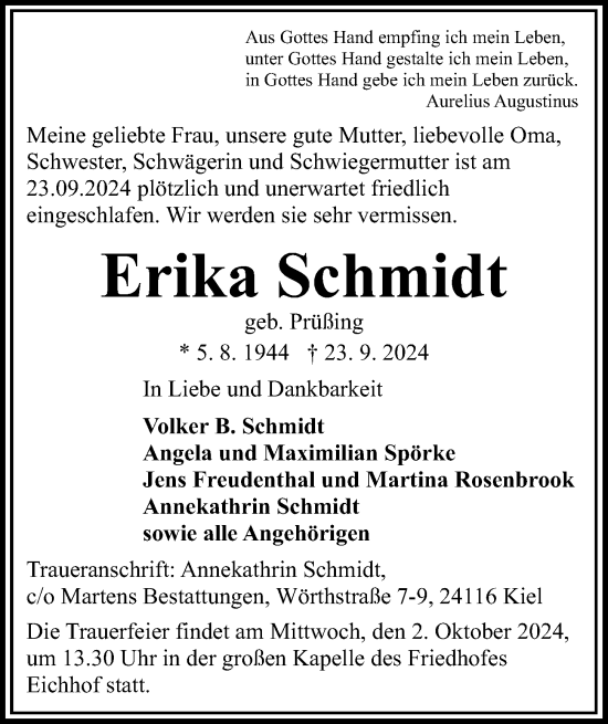 Traueranzeige von Erika Schmidt von Kieler Nachrichten