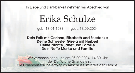 Traueranzeige von Erika Schulze von Leipziger Volkszeitung