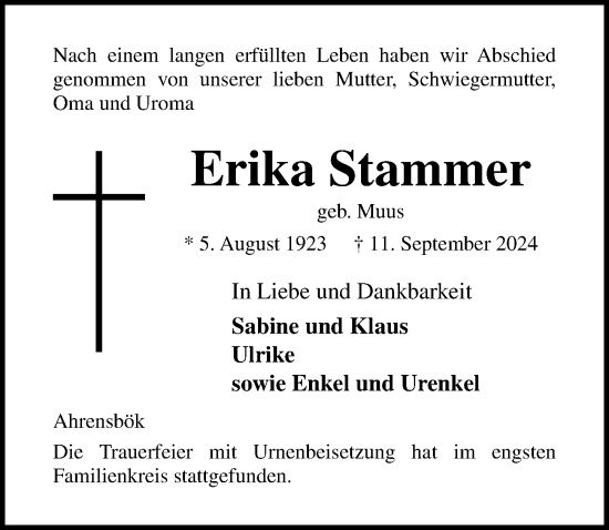 Traueranzeige von Erika Stammer von Lübecker Nachrichten