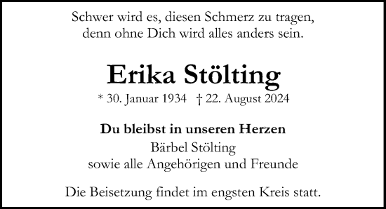 Traueranzeige von Erika Stölting von Lübecker Nachrichten