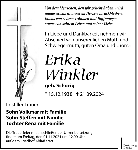 Traueranzeige von Erika Winkler von Leipziger Volkszeitung