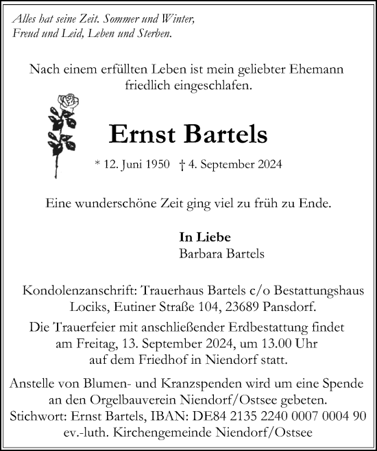 Traueranzeige von Ernst Bartels von Lübecker Nachrichten