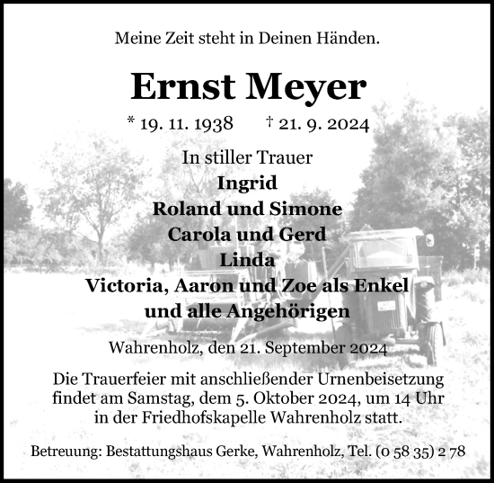 Traueranzeige von Ernst Meyer von Aller Zeitung