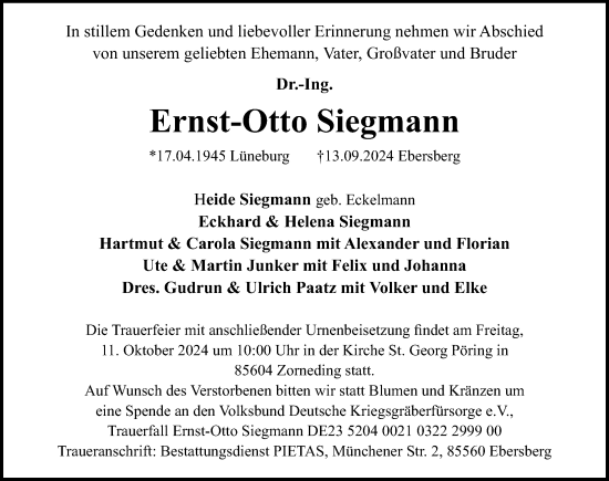 Traueranzeige von Ernst-Otto Siegmann von Hannoversche Allgemeine Zeitung/Neue Presse