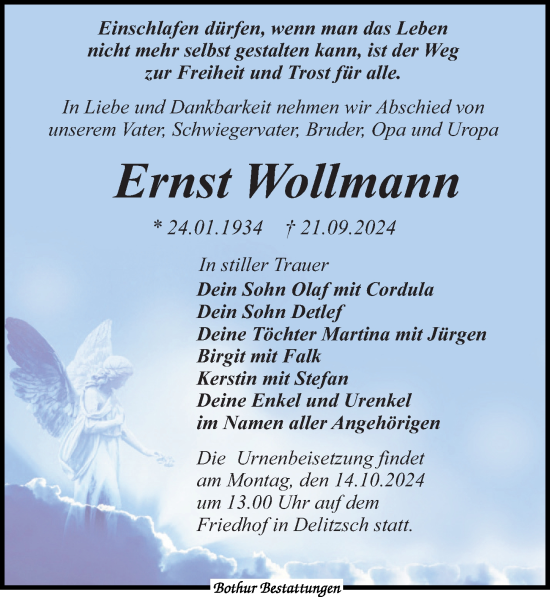 Traueranzeige von Ernst Wollmann von Leipziger Volkszeitung