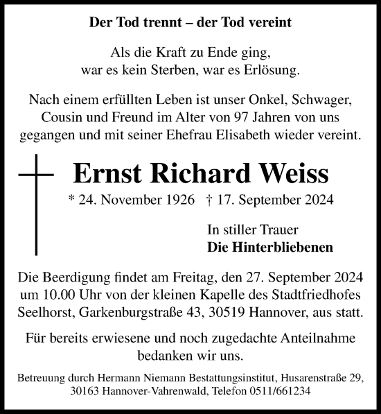 Traueranzeige von Ernst Richard Weiss von Hannoversche Allgemeine Zeitung/Neue Presse