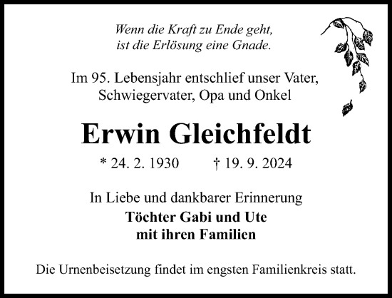 Traueranzeige von Erwin Gleichfeldt von Märkischen Allgemeine Zeitung