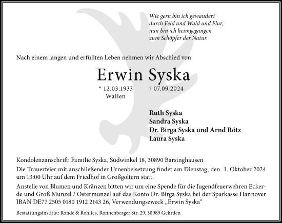 Traueranzeige von Erwin Syska von Hannoversche Allgemeine Zeitung/Neue Presse