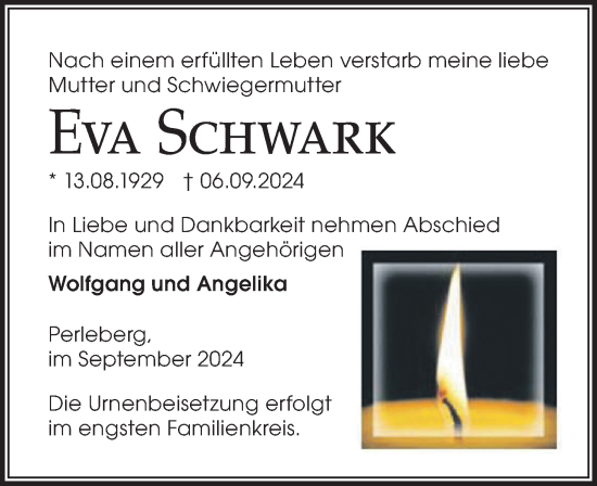 Traueranzeige von Eva Schwark von Wochenspiegel