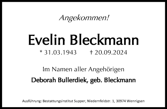 Traueranzeige von Evelin Bleckmann von Hannoversche Allgemeine Zeitung/Neue Presse