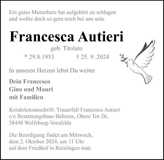 Traueranzeige von Francesca Autieri von Aller Zeitung