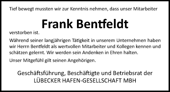 Traueranzeige von Frank Bentfeldt von Lübecker Nachrichten