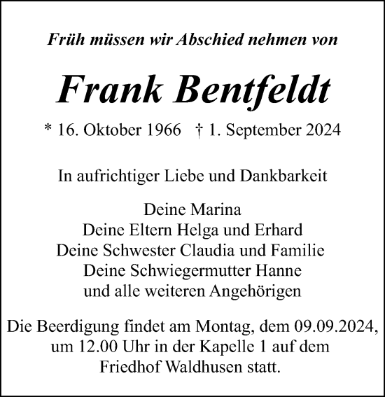 Traueranzeige von Frank Bentfeldt von Lübecker Nachrichten