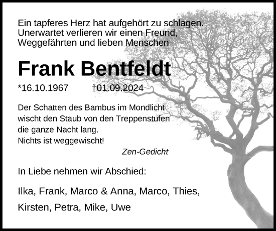 Traueranzeige von Frank Bentfeldt von Lübecker Nachrichten