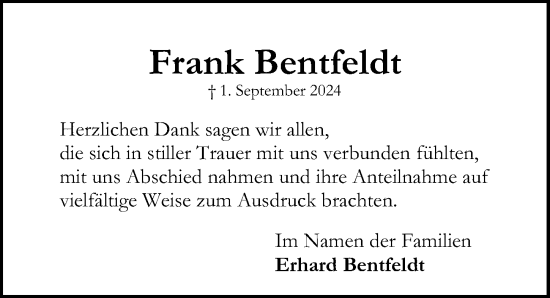 Traueranzeige von Frank Bentfeldt von Lübecker Nachrichten