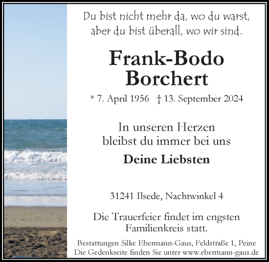 Traueranzeige von Frank-Bodo Borchert von Peiner Allgemeine Zeitung