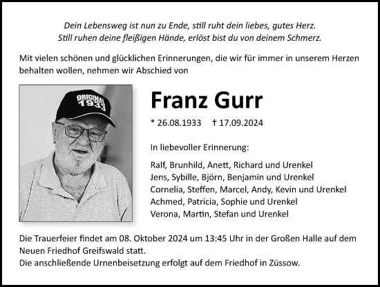 Traueranzeige von Franz Gurr von Ostsee-Zeitung GmbH