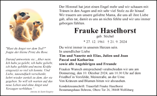 Traueranzeige von Frauke Haselhorst von Aller Zeitung