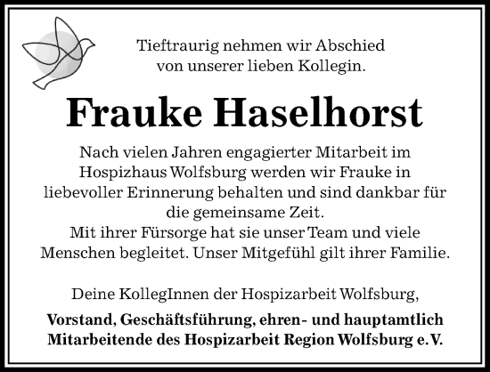 Traueranzeige von Frauke Haselhorst von Aller Zeitung