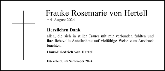 Traueranzeige von Frauke Rosemarie von Hertell von Schaumburger Nachrichten