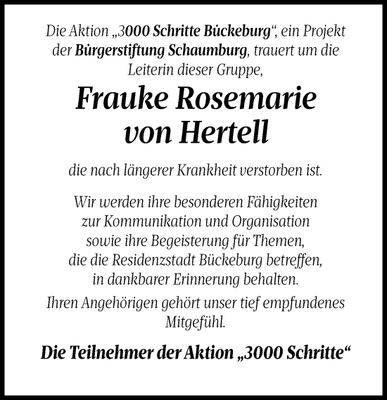 Traueranzeige von Frauke Rosemarie von Hertell von Schaumburger Nachrichten und Schaumburger Zeitung/ Landes-Zeitung