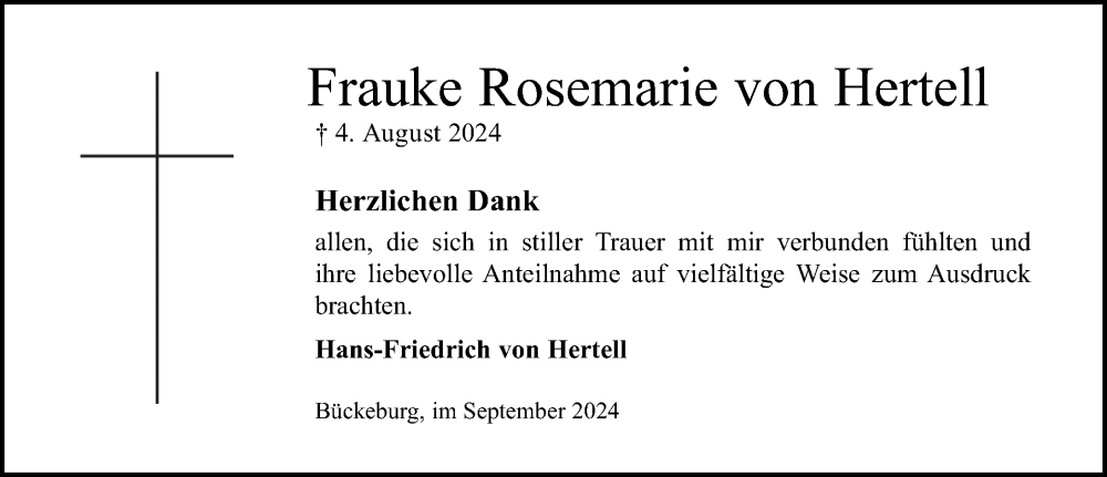  Traueranzeige für Frauke Rosemarie von Hertell vom 07.09.2024 aus Schaumburger Nachrichten