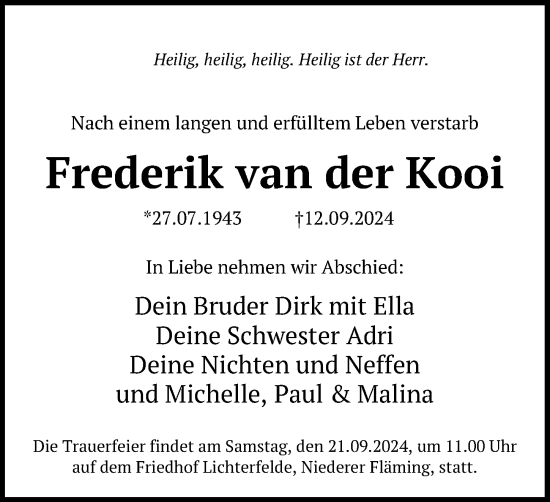 Traueranzeige von Frederik van der Kooi von Märkischen Allgemeine Zeitung