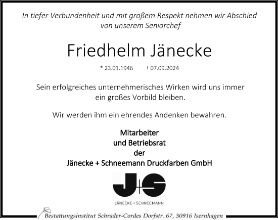 Traueranzeige von Friedhelm Jänecke von Hannoversche Allgemeine Zeitung/Neue Presse