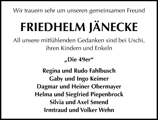 Traueranzeige von Friedhelm Jänecke von Hannoversche Allgemeine Zeitung/Neue Presse