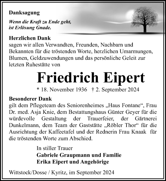 Traueranzeige von Friedrich Eipert von Wochenspiegel