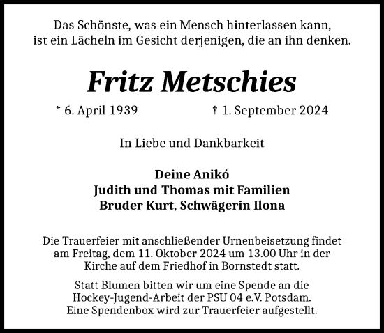 Traueranzeige von Fritz Metschies von Märkischen Allgemeine Zeitung