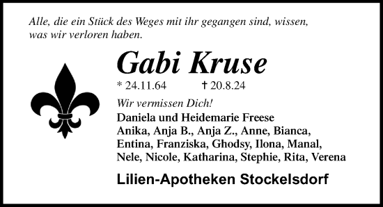 Traueranzeige von Gabi Kruse von Lübecker Nachrichten