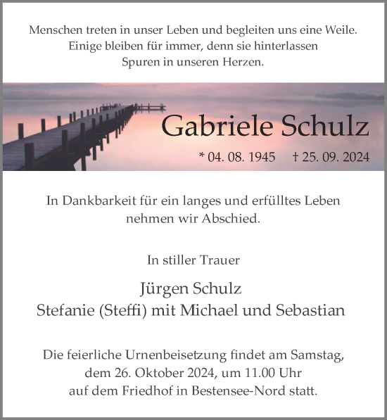 Traueranzeige von Gabriele Schulz von Märkischen Allgemeine Zeitung