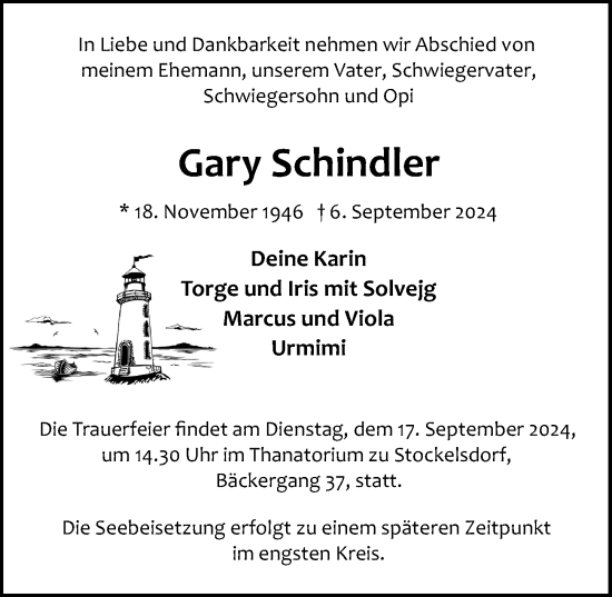 Traueranzeige von Gary Schindler von Lübecker Nachrichten