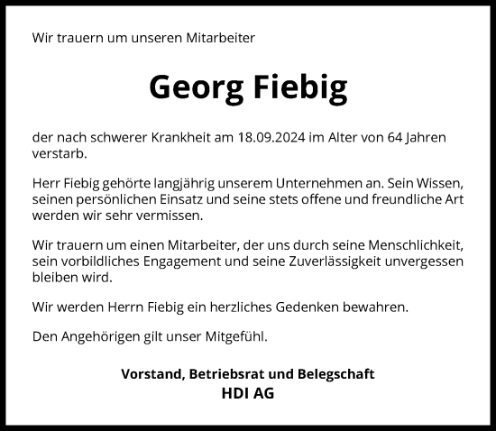 Traueranzeige von Georg Fiebig von Hannoversche Allgemeine Zeitung/Neue Presse