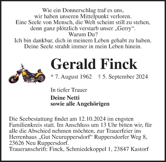 Traueranzeige von Gerald Finck von Lübecker Nachrichten