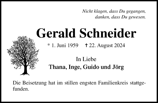 Traueranzeige von Gerald Schneider von Lübecker Nachrichten